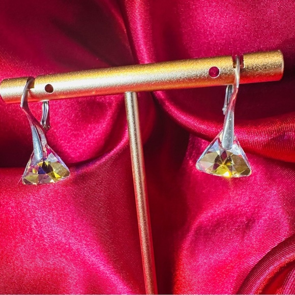 Sterling Silver Triangle Drop Earrings – Swarovski Elements, AB Finish - Picture 2 of 10